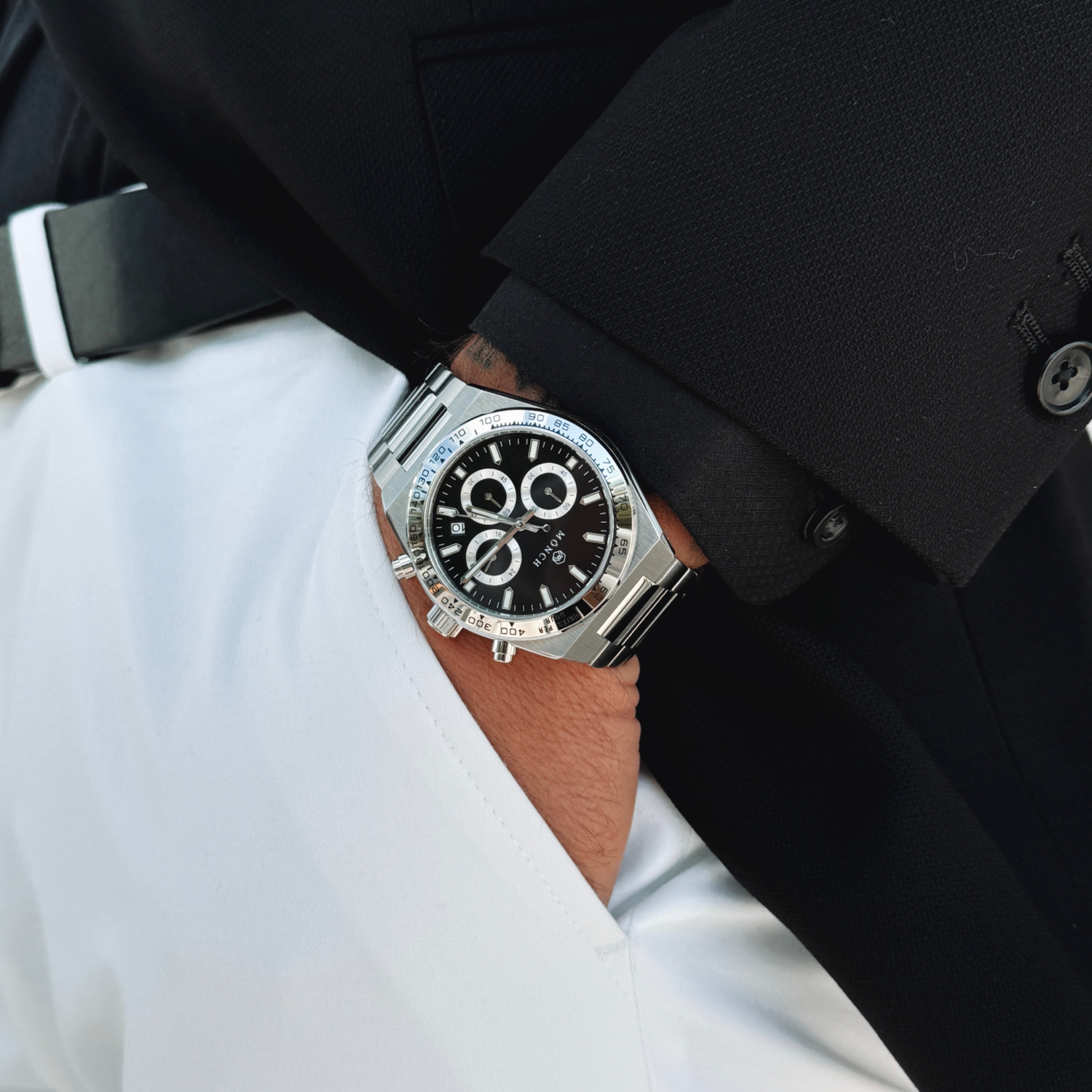 TIME-MASTER, NOIR-Men's Watch - 42mm - 5ATM Water Resistant - Chronograph - Stainless Steel -MÖNCH