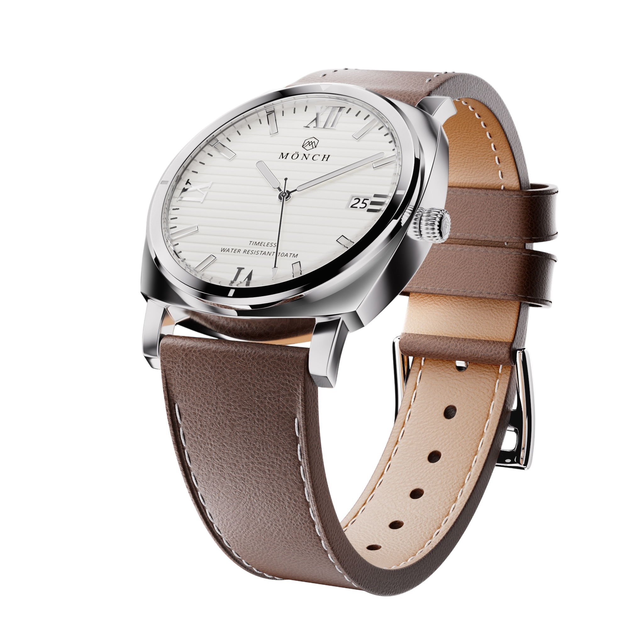 Timeless, Brown Leather-Men's White Dial Watch - 40mm - 10ATM Water Resistant - MÖNCH