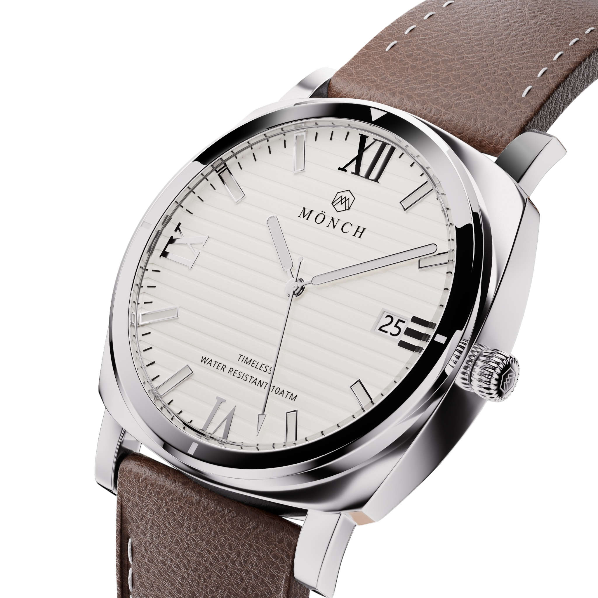 Timeless, Brown Leather-Men's White Dial Watch - 40mm - 10ATM Water Resistant - MÖNCH