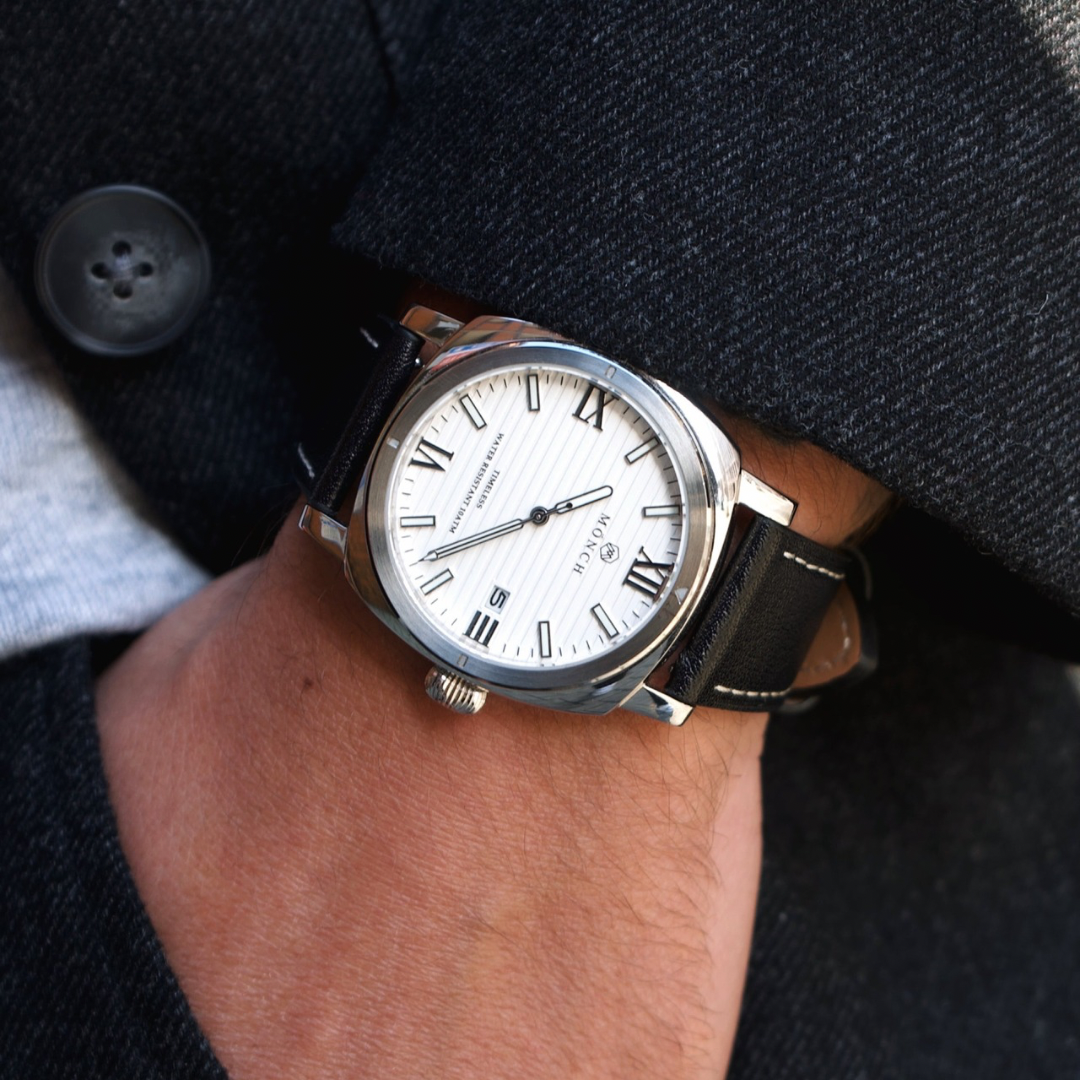 Timeless, Black Leather-Men's White Dial Watch - 40mm - 10ATM Water Resistant - MÖNCH