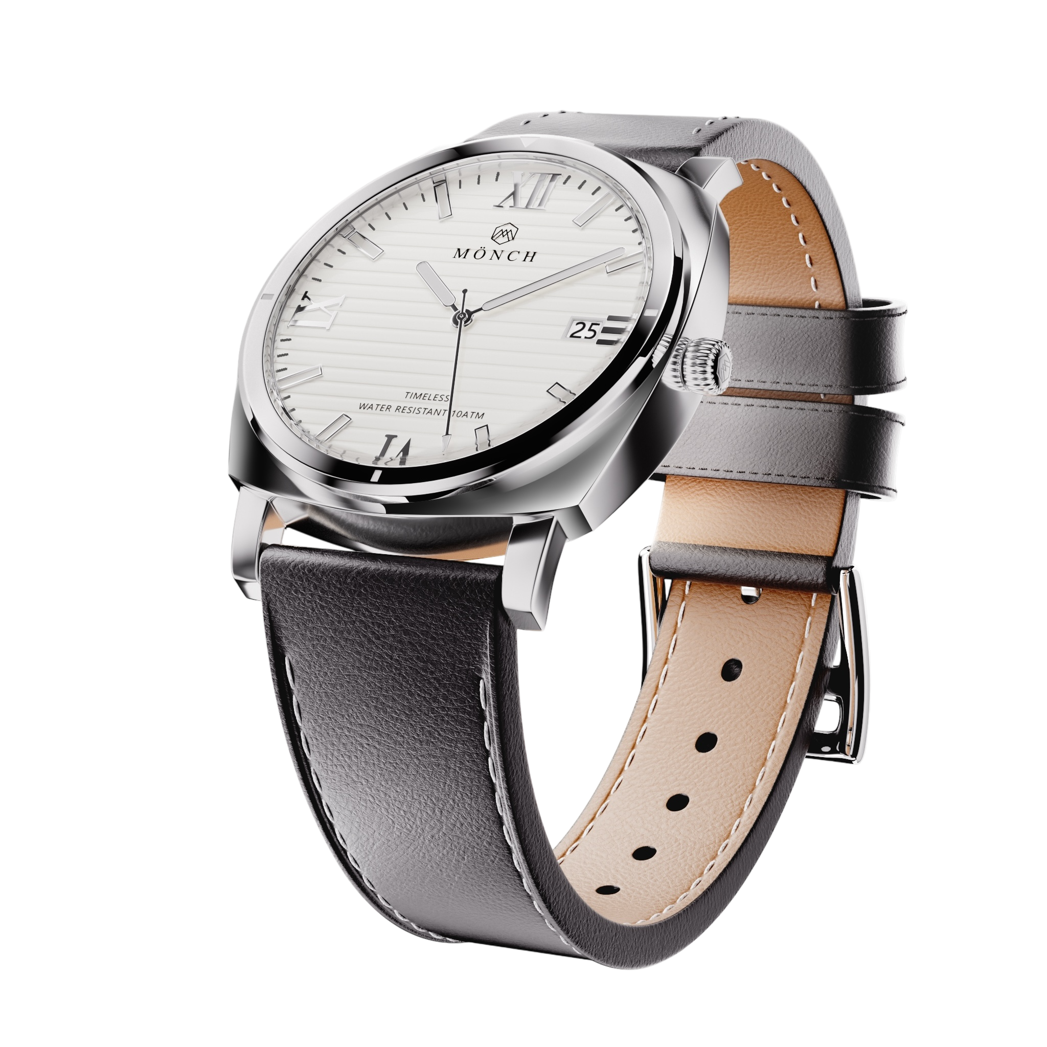 Timeless, Black Leather-Men's White Dial Watch - 40mm - 10ATM Water Resistant - MÖNCH