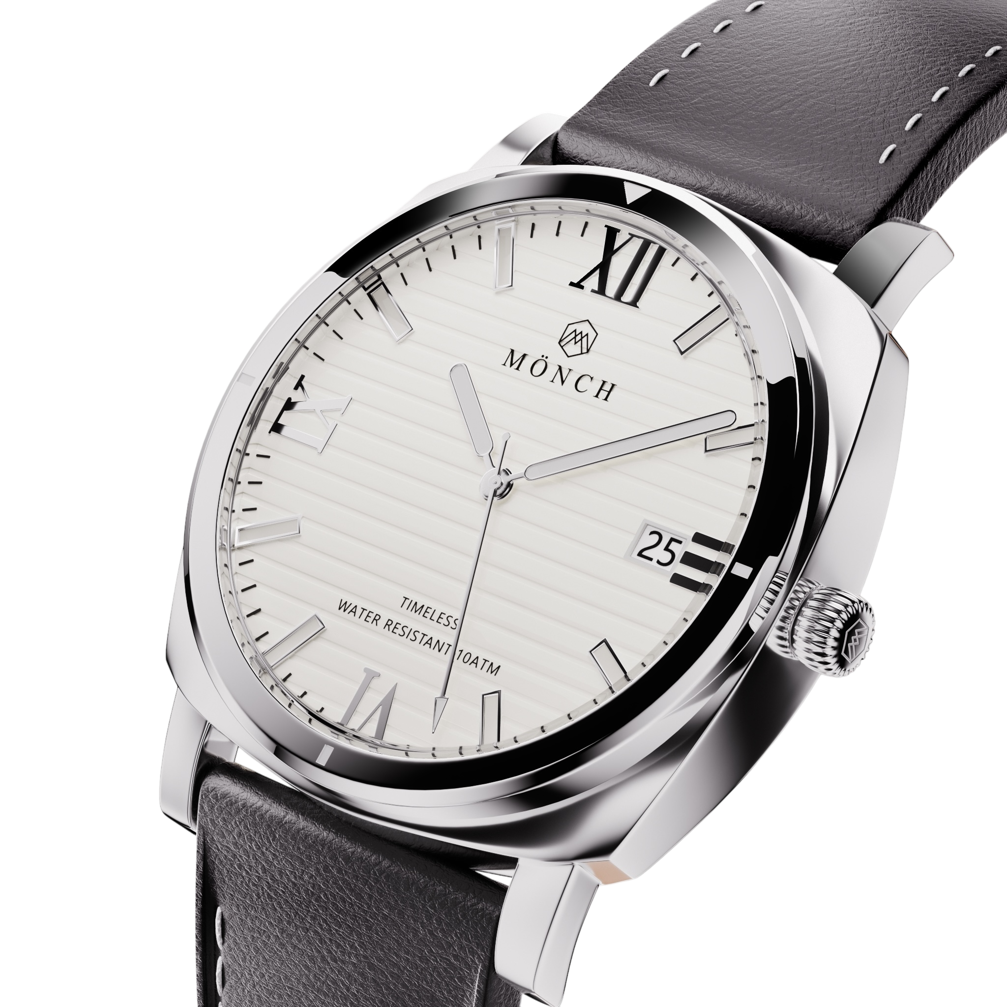 Timeless, Black Leather-Men's White Dial Watch - 40mm - 10ATM Water Resistant - MÖNCH