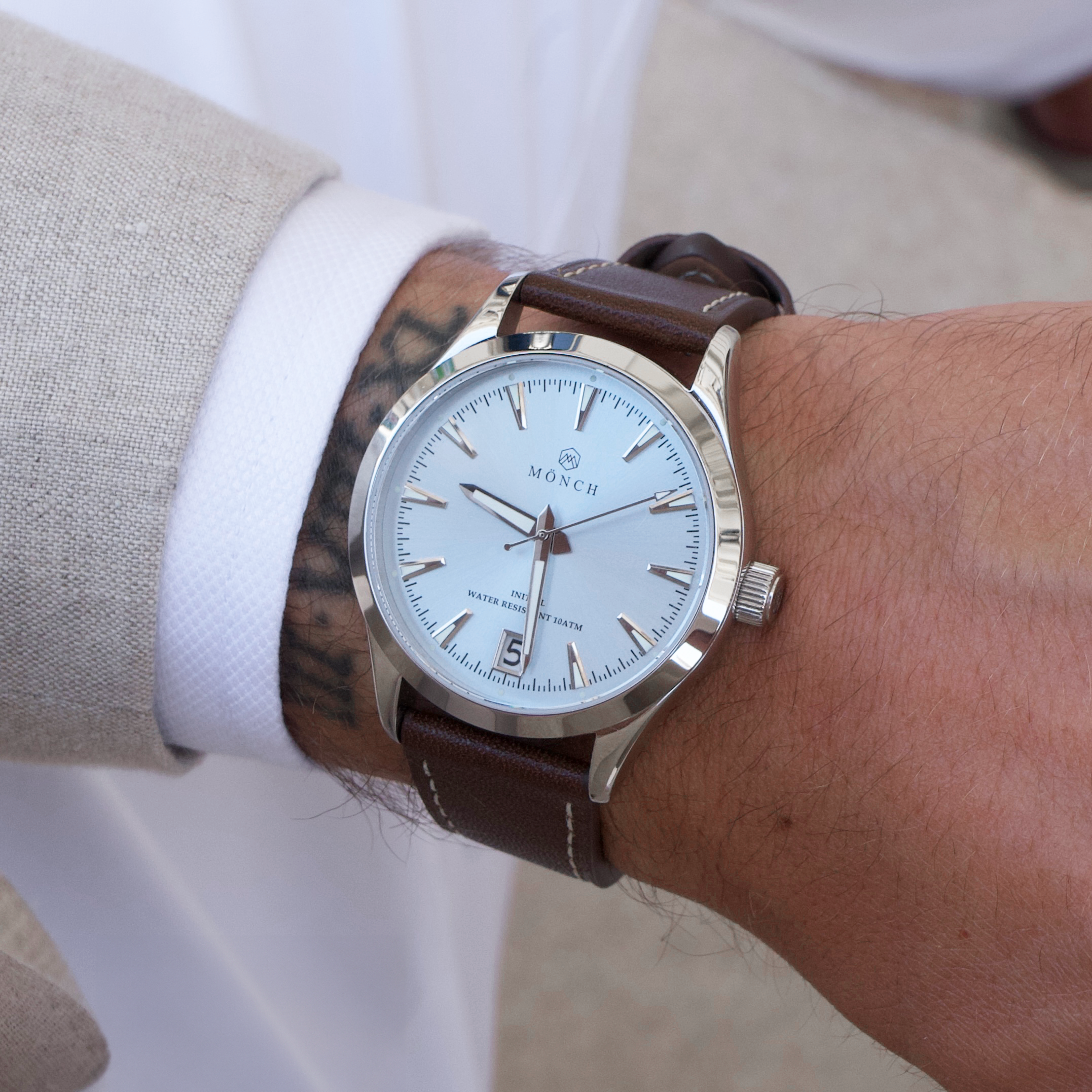 INITIAL, ARCTIC-Men's 40mm Dial - 10ATM Water Resistant - Date - Stainless Steel - Brown Leather Strap-MÖNCH