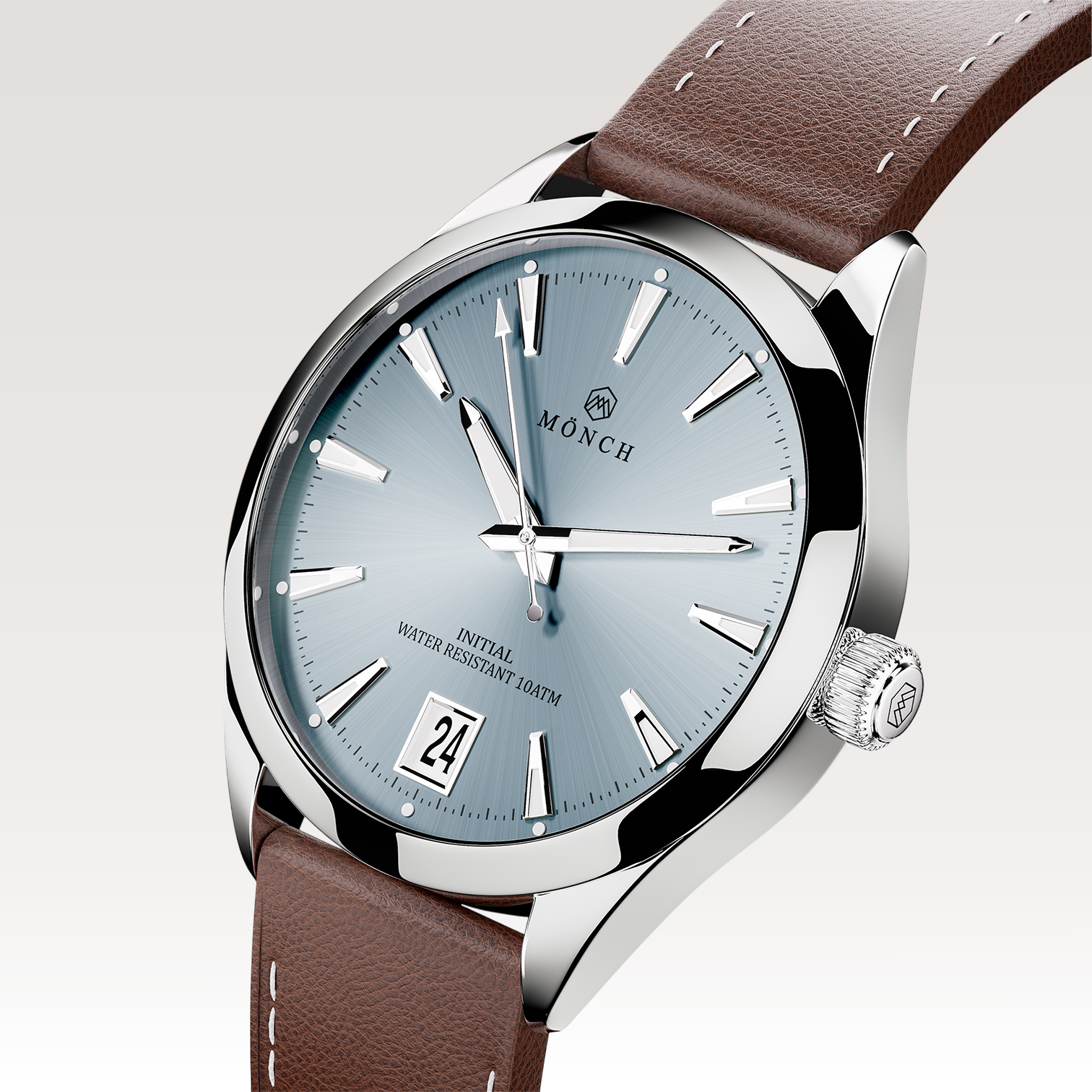INITIAL, ARCTIC-Men's 40mm Dial - 10ATM Water Resistant - Date - Stainless Steel - Brown Leather Strap-MÖNCH