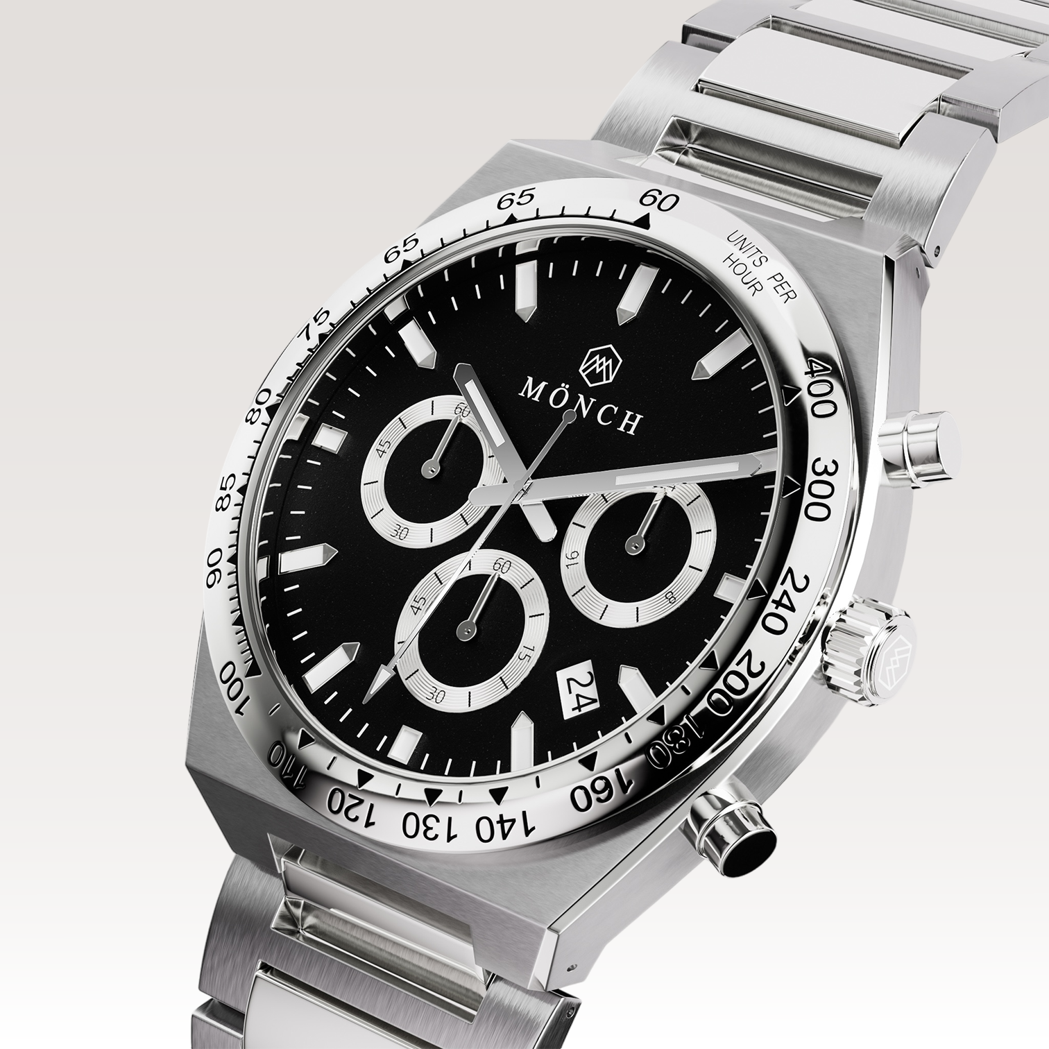 TIME-MASTER, NOIR-Men's Watch - 42mm - 5ATM Water Resistant - Chronograph - Stainless Steel -MÖNCH