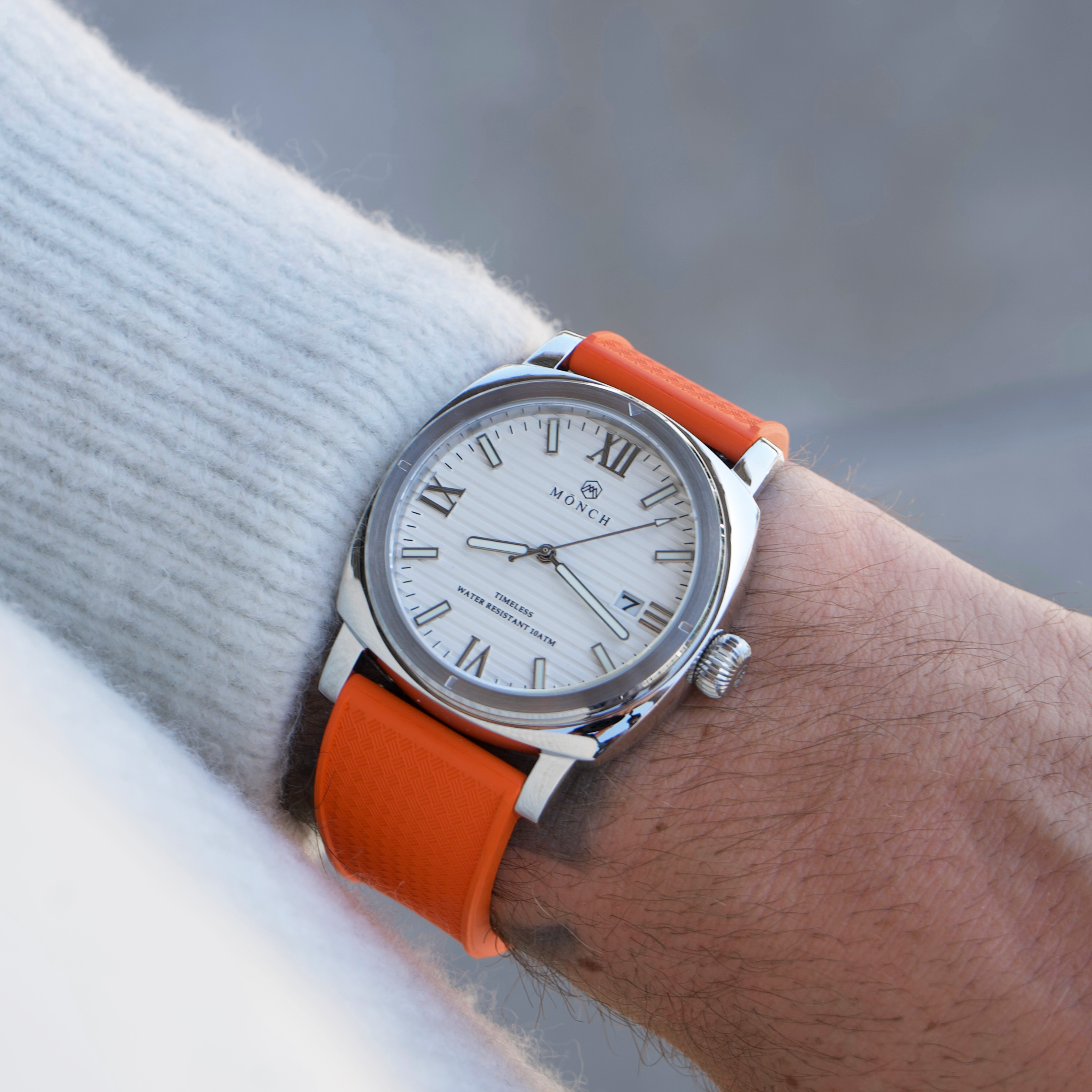 Timeless, Orange Rubber-Men's White Dial Watch - 40mm - 10ATM Water Resistant - MÖNCH