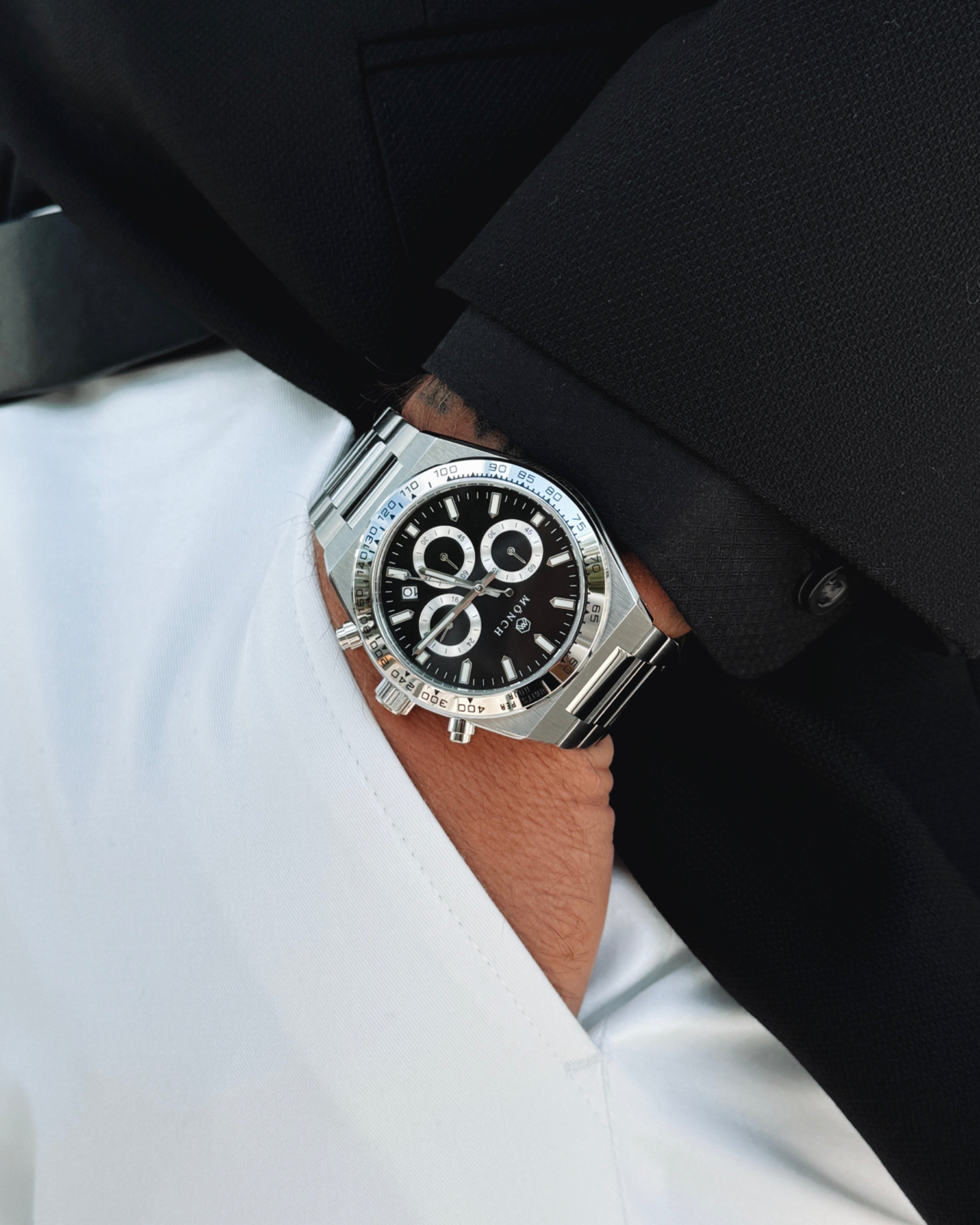 TIME-MASTER, NOIR-Men's Watch - 42mm - 5ATM Water Resistant - Chronograph - Stainless Steel -MÖNCH