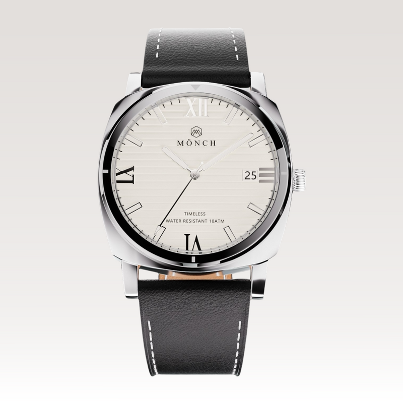 Timeless, Black Leather-Men's White Dial Watch - 40mm - 10ATM Water Resistant - MÖNCH