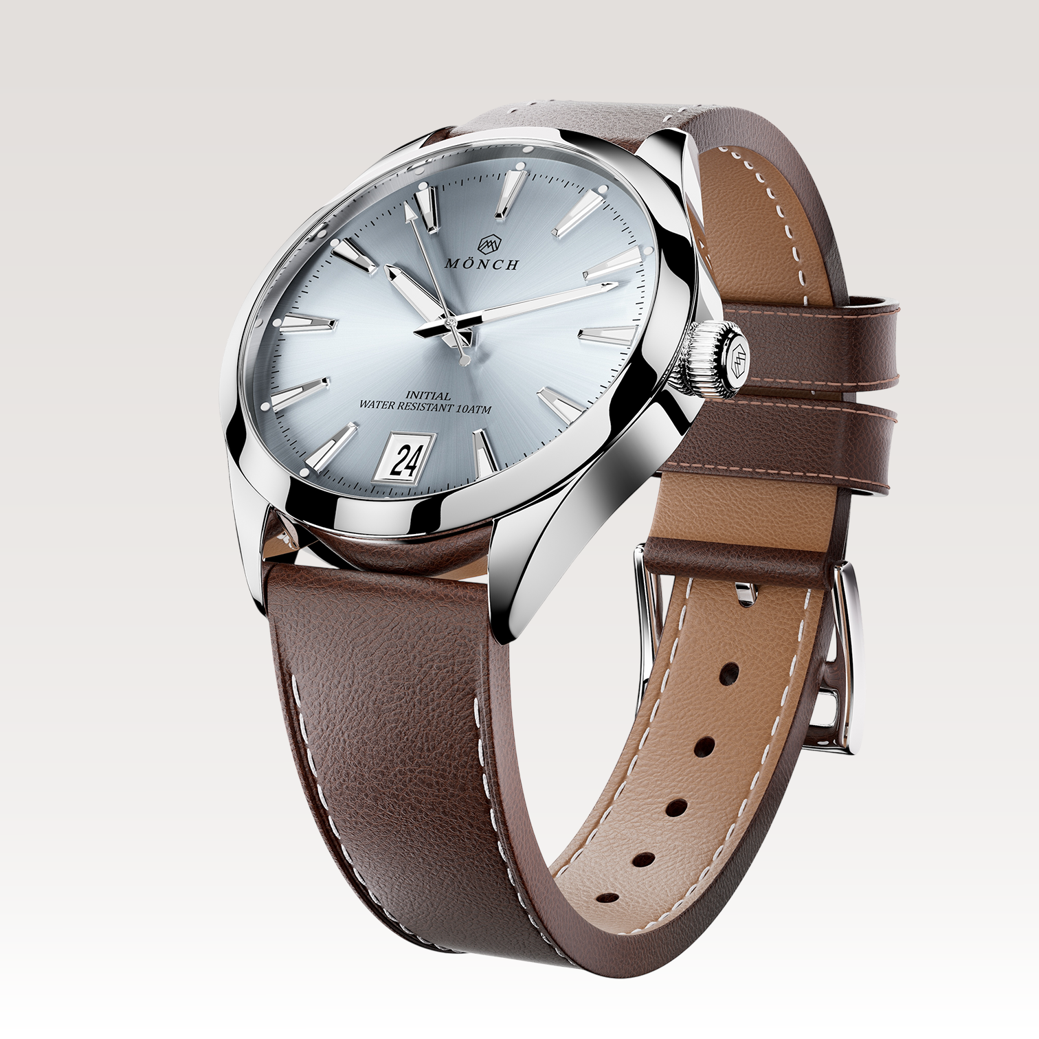INITIAL, ARCTIC-Men's 40mm Dial - 10ATM Water Resistant - Date - Stainless Steel - Brown Leather Strap-MÖNCH