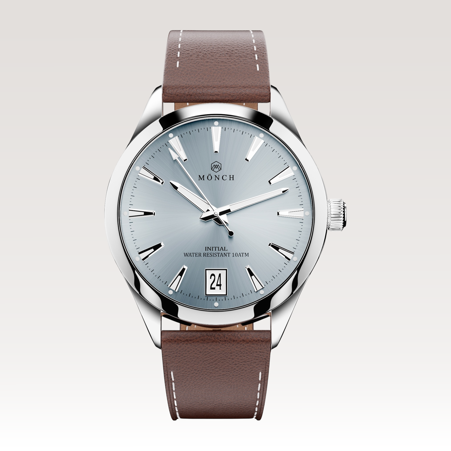 INITIAL, ARCTIC-Men's 40mm Dial - 10ATM Water Resistant - Date - Stainless Steel - Brown Leather Strap-MÖNCH