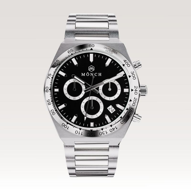 TIME-MASTER, NOIR-Men's Watch - 42mm - 5ATM Water Resistant - Chronograph - Stainless Steel -MÖNCH